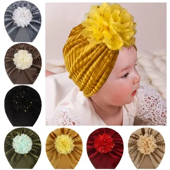 Нова златна кадифена шапка с райета, гореща златна цветна шапка, топла и удобна детска шапка, бебешка шапка за коса