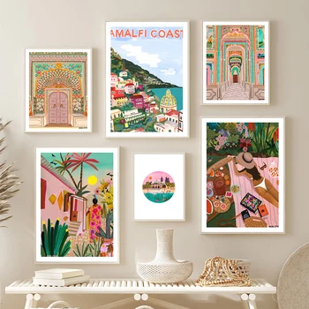 марокански розов лотос порта палм сграда стена изкуство платно плакат Nordic залез плувци печат живопис джамия декоративна картина