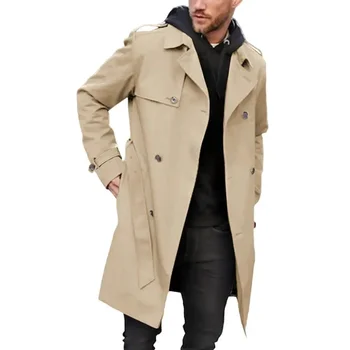 мъже есен зима плътен цвят ветровка ревера дълъг ръкав двуреден джобове колан тънък годни дълго палто връхни дрехи