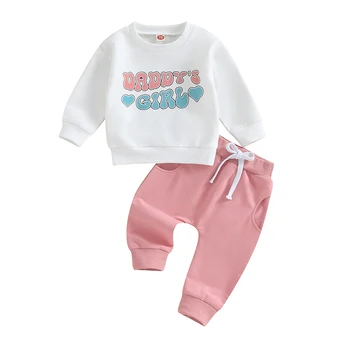 Малки момичета 2 парче облекло писмо печат дълъг ръкав суитчър и еластични панталони комплект бебе сладък есенни дрехи