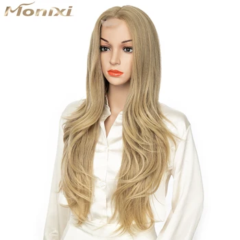 MONIXI синтетична естествена пластова перука дълга вълнообразна перука за жени микс блондинка средна част перуки за ежедневно парти топлоустойчива коса