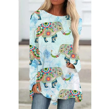 Бохемски слонове печат тениска жени дълъг ръкав хлабав кръг врата тениска есента жени универсален причинно-следствена TShirt върховете улично облекло