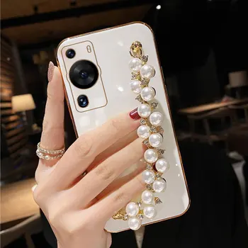 Pearl Chain Wrist Strap Калъф за телефон за Huawei P60 Art P50 P40 P30 P20 Pro Plus lite 2019 5G P50E Soft Back Cover Funda