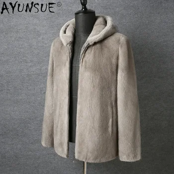AYUNSUE Истинско палто от норка Луксозно кожено яке от естествена норка за мъже Зимни палта с качулка Мъжки кожени палта Chaquetas Hombre