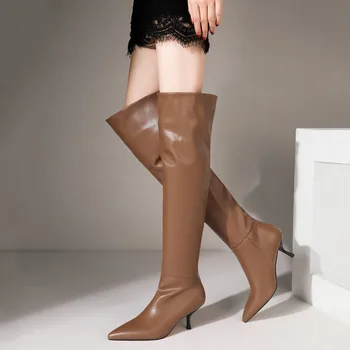 Секси марка модни жени над коляното ботуши есен зима високи токчета заострени пръсти елегантен парти нощен клуб дълги ботуши голям размер