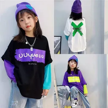 2023 Пролет контраст цвят хлабав корейски 4-12 години детски дрехи тийнейджър момиче фалшив две части дълъг ръкав пачуърк топ пуловер