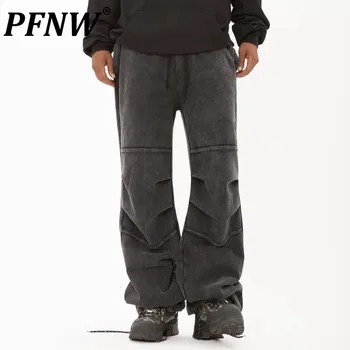 PFNW измити затруднени ежедневни панталони мъжки прилив хип-хоп американски стил коляно плисиран снаждане шнур прав панталон 12Z7223