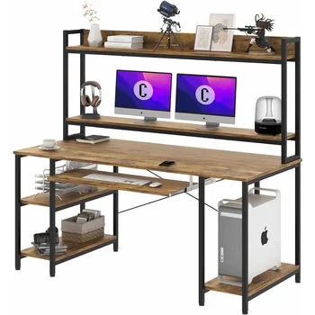 Индустриално бюро с рафтове за съхранение на хъч Игрално бюро с монитор рафт CPU стойка Учебно бюро за писане за домашен офис