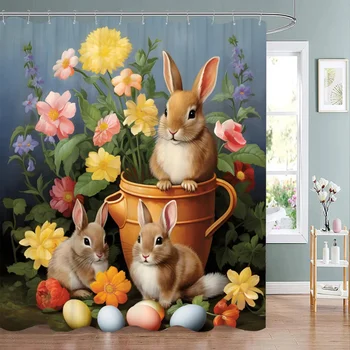 Великден душ завеса Честит Великден със зайче яйца реколта стил Великден душ завеса баня декорация