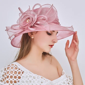 Нови елегантни летни органза слънчеви шапки за жени с широка периферия цвете Fedora шапка Fascinator шапка мода дами сватба църква парти шапка