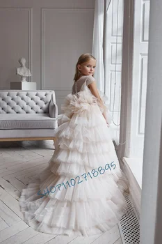 Зашеметяващ тюл цвете момиче рокли за сватбени перли диференцирани линия илюзия ръкави абитуриентски рокля първа комуникация детска рокля