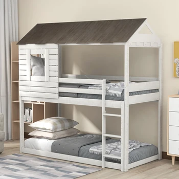 Twin Over Twin Bunk Bed Wood Loft Bed with Roof, Window, Guardrail, Ladder (Antique White)