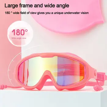 Водоустойчиви очила за плуване за възрастни против мъгла Широк изглед Очила за гмуркане с голяма рамка Висока разделителна способност с тапи за уши Очила за плуване