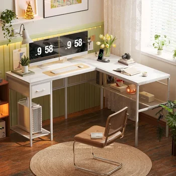 L оформено бюро с електрически контакти Домашен офис бюро мебели стая бюра бяла маса pliante компютър четене игри проучване лаптоп