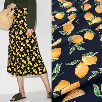 Lemon Print Черен плат Дамска модна риза Облекло Пижами DIY тъкани Плат за рокля на метър Шиене