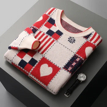 100% мериносова вълна кашмирен пуловер мъжки о-образен пуловер есен/зима случайни контраст жакард отгоре удебелен голям плетен джъмпер