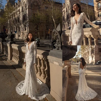 2020 русалка сватбени рокли дълбоко V врата дълъг ръкав дантела апликации булчински рокли по поръчка отворен гръб почистване влак сватбена рокля