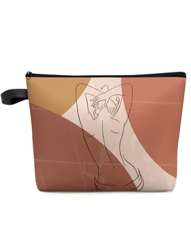 Прости линии от средата на века Жени изкуство Голям капацитет пътуване козметична чанта преносим грим съхранение торбичка жени водоустойчив молив случай
