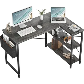 47 инчово L-образно ъглово бюро с обратими рафтове за съхранение за домашна офис работна станция, модерен прост стил