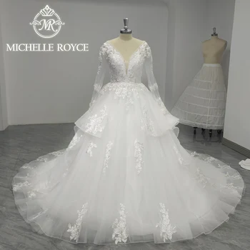 Мишел Ройс Луксозна бална рокля сватбена рокля за жени 2024 Дълбоко V-образно деколте мъниста цветя изрязани сватбена рокля Vestidos De Novia