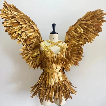 Златно перо фея крила секси косплей костюми карнавал фестивал луксозно шоу облекло певица сцена танц износване