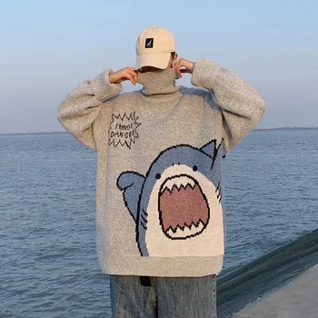 Зимни японски карикатура акула поло двойка пуловер мъже мода марка хлабав корейската версия на трикотаж Ins пристанище вятър палто