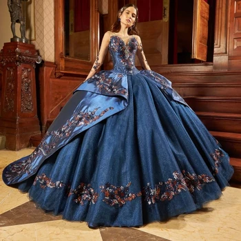 Blue Charro Quinceanera рокли топка рокля дълги ръкави тюл апликации подпухнали мексикански сладки 16 рокли 15 Anos