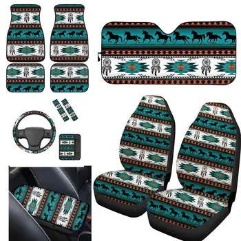 Navajo Aztec Tribal Ethnic Horse Pattern Car Seat Covers Universal Car Декоративни калъфи за седалки за предни части със сенник Комплект от 11