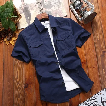 военна риза мъжки ризи случайни стил модни дрехи памук къс ръкав ретро реколта твърди сини простота капка доставка