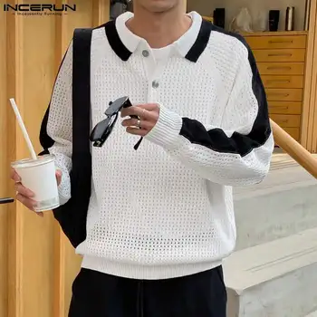 INCERUN Върхове 2023 Корейски стил Нови мъжки кухи черно-бели контрастни дизайнерски ризи Свободно време снаждане плетена ревера блуза S-5XL