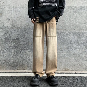 2023 Нови американски ретро кафяви хлабави дънки Мъжки прав стил модна марка персонализиран джоб декорация панталони