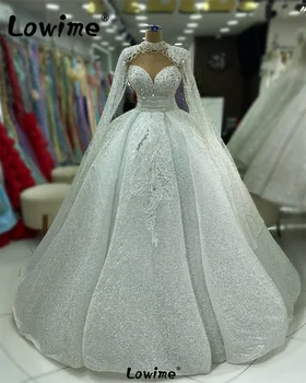 Glitter принцеса топка рокля сватбена рокля 2024 с яке арабски перли мъниста роба де Марие по поръчка булка булчински рокли