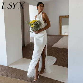 LSYX оглавник без ръкави проста русалка сватбена рокля сатен отворен гръб висока страна цепка етаж дължина булчински рокля по поръчка