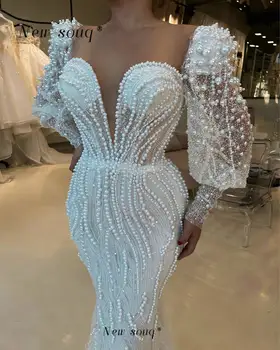 Арабски елегантен бутер дълги ръкави вечерни рокли секси дълбоко V врата перли формован етаж дължина русалка официални рокли за сватби