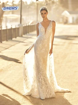 Бохемски дълбоко V-образно деколте спагети презрамки сватбена рокля пастрол дантела апликации булчинска рокля плаж vestidos de novia