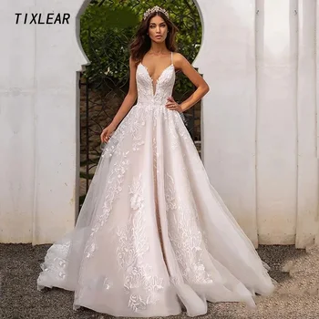 TIXLEAR Модерна сватбена рокля с V-образно деколте Спагети презрамки Апликации Дантела нагоре назад тюл булчинска рокля дължина на пода Vestidos de Novia Ново