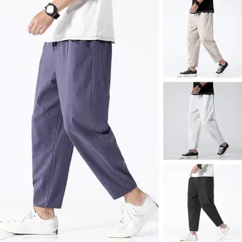 японски мъже изрязани панталони плътен цвят прости ежедневни панталони ластик шнур хлабав годни големи джобове тънки дълги панталони