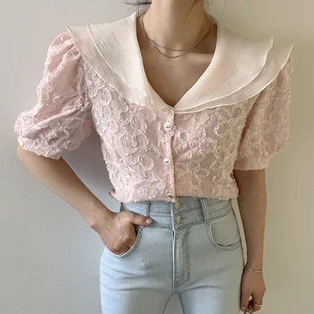 Сладки жени разрошени ревера риза розова кука цвете къс ръкав корейски блуза 2023 лято нов прилив мода блуза върховете Y366