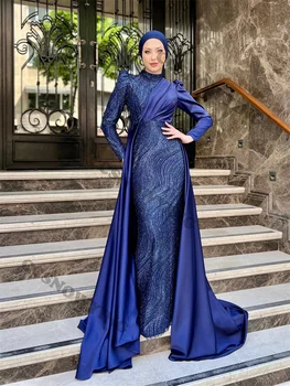 Мода Сатен Пайети Мюсюлмански вечерни рокли Дълъг ръкав Хиджаб Ислямски жени Официална парти рокля Арабски Дубай Халати De Soirée
