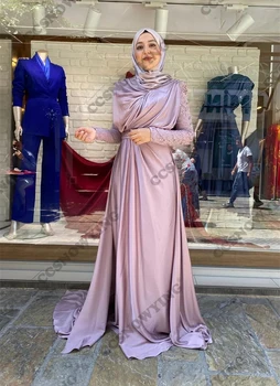 Сатенени мъниста дълъг ръкав мюсюлмански вечерни рокли хиджаб ислямски официална парти рокля жени арабски кафтан роба де соаре