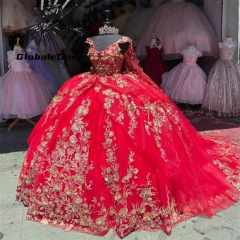Принцеса червена скъпа топка рокля Quinceanera рокля за момичета мъниста 3D цветя рожден ден парти рокли абитуриентски рокли Vestido De 15