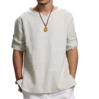 Лятна риза Мъжка мода Твърди върхове с къс ръкав Ризи Мъжки ежедневни V-яка плътен цвят Дрехи