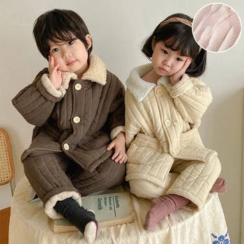 пижама комплекти корейски детски дрехи три слоя памук клип дебели зимни момчета момичета топло ревера яка райета