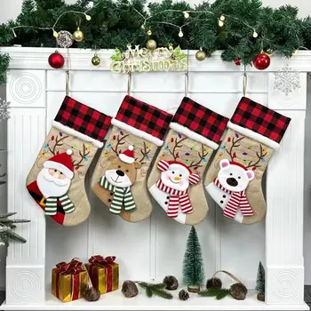 3D карикатура коледни чорапи плюшени коноп голям капацитет коледно дърво висулка висящи орнаменти снежен човек Коледа подарък чанта