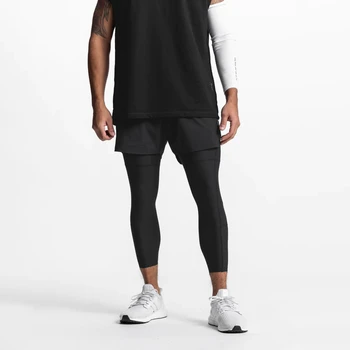 Мъже 2 в 1 ФИТНЕС шорти Дължина до глезена Културизъм Фитнес джогъри Бързосъхнещи спортни панталони Мъжки тренировка за бягане Sweatpants черни