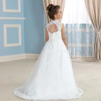 Елегантна бяла апликация тюл цвете момиче рокля за сватба пухкави без гръб без ръкави детски причастие рожден ден рокли
