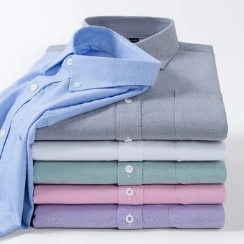 Нови висококачествени памучни мъжки ризи бизнес случайни бутон ревера дълъг ръкав риза дишаща Оксфорд плътен цвят работна риза