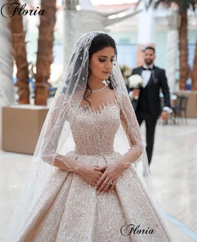 Близкия изток лъскави сватбени рокли A-Line Дубай блясък дълги ръкави сватбени рокли почистване влак булки рокли роба де Марие