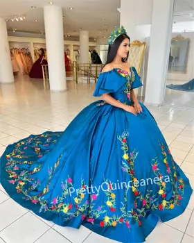 Charro Флорална бродерия Deep V от ръкавите на раменната капачка Quinceanera рокли с влак топка рокля голяма пола сладък 16 рокля