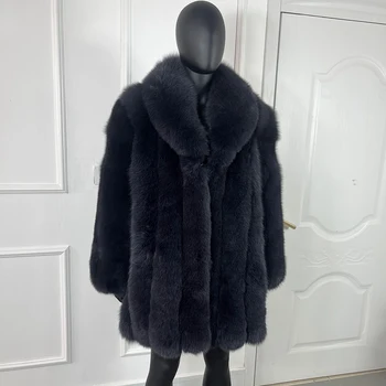 Мъжко палто от лисица Истинска лисица Кожени якета Мъжка средна дължина Най-продавано топло зимно черно кожено палто с ревера
